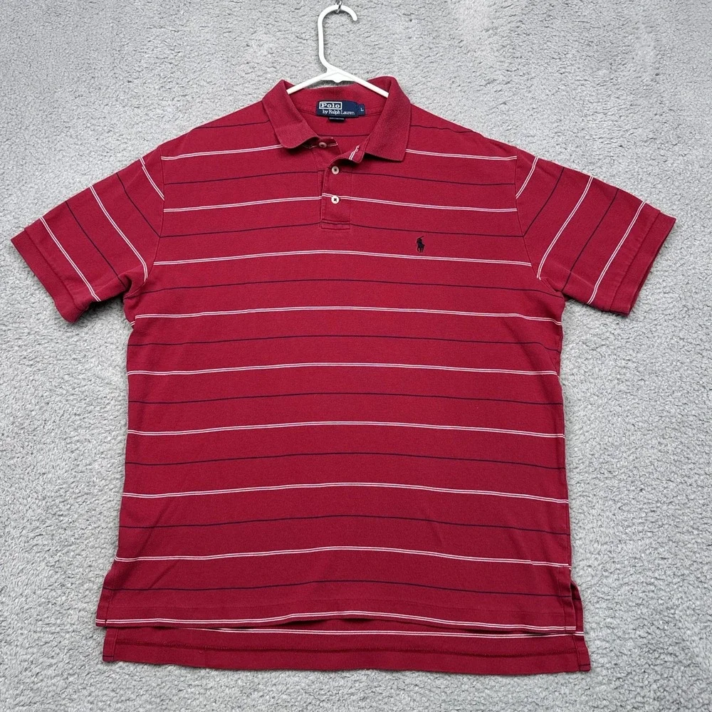 Polo Ralph Lauren Shirt Mens Large Red Stripe Short Sleeve Polo Cotton Casual‎
